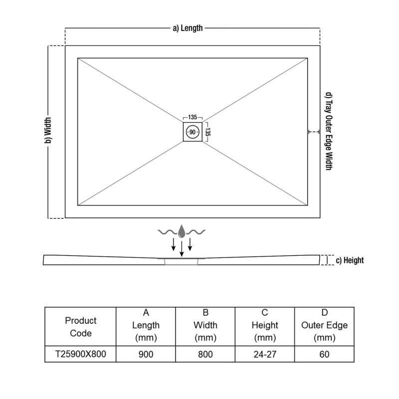 TrayMate TM25 Symmetry Rectangular Shower Tray 900mm x 800mm