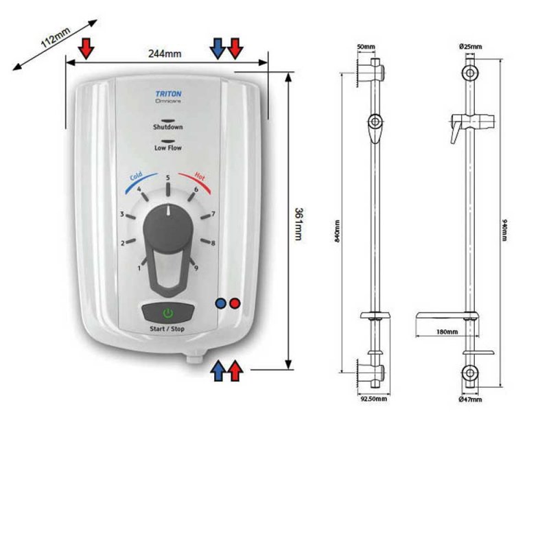 Triton Omnicare Design 9.5Kw Electric Shower with Extended Kit - White/Grey