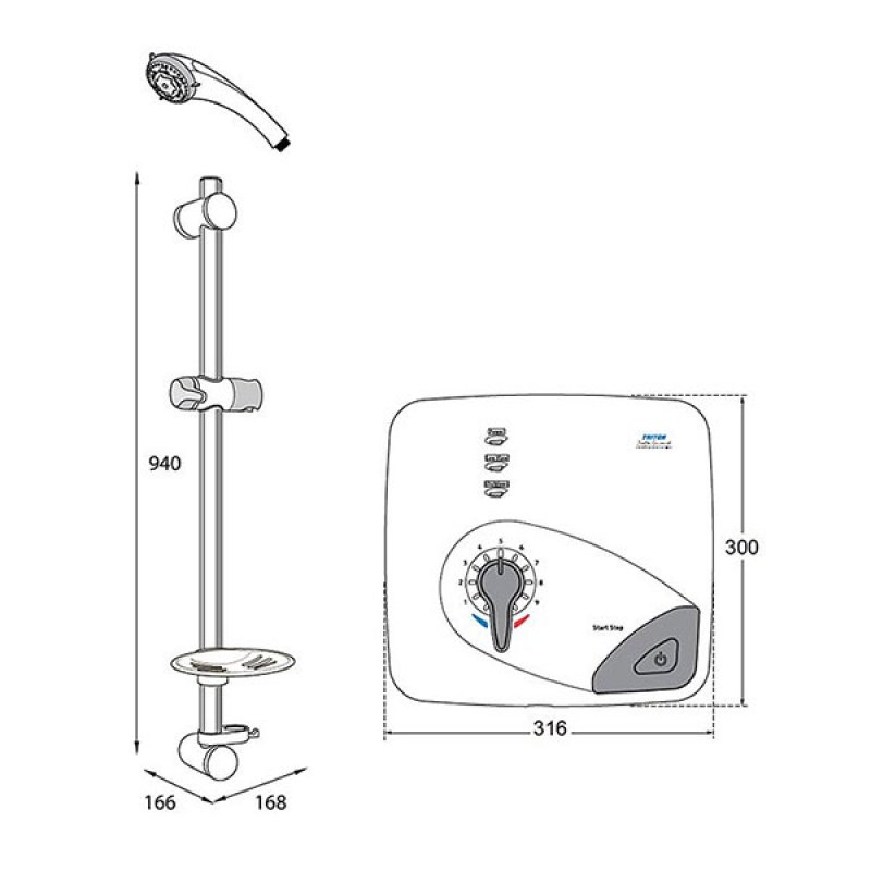 Triton Safeguard Pumped Care Electric Shower 9.5 kW - White/Chrome  | Dimension Image