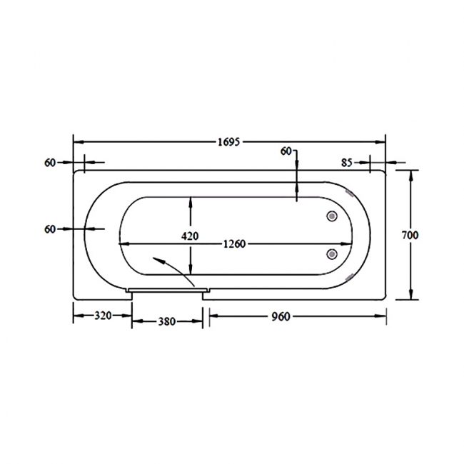 Trojan Cascade Rectangular Single Ended Easy Access Bath with Bath Panels 1700mm x 700mm - Left Handed  | Dimension Image