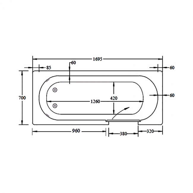 Trojan Cascade Rectangular Single Ended Easy Access Bath with Bath Panels 1700mm x 700mm - Right Handed  | Dimension Image
