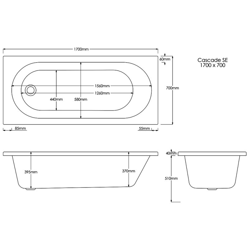 Trojan Cascade Rectangular Single Ended Bath 1700mm x 700mm - 2 Tap Hole (inc Leg Set)  | Dimension Image