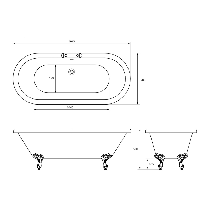 Trojan Clermont Double Ended Freestanding Bath 1695mm x 785mm Including Lion Bath Feet - 0 Tap Hole