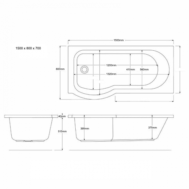Trojan Concert P-Shaped Shower Bath with Front Panel and Screen 1500mm x 800mm Left Handed