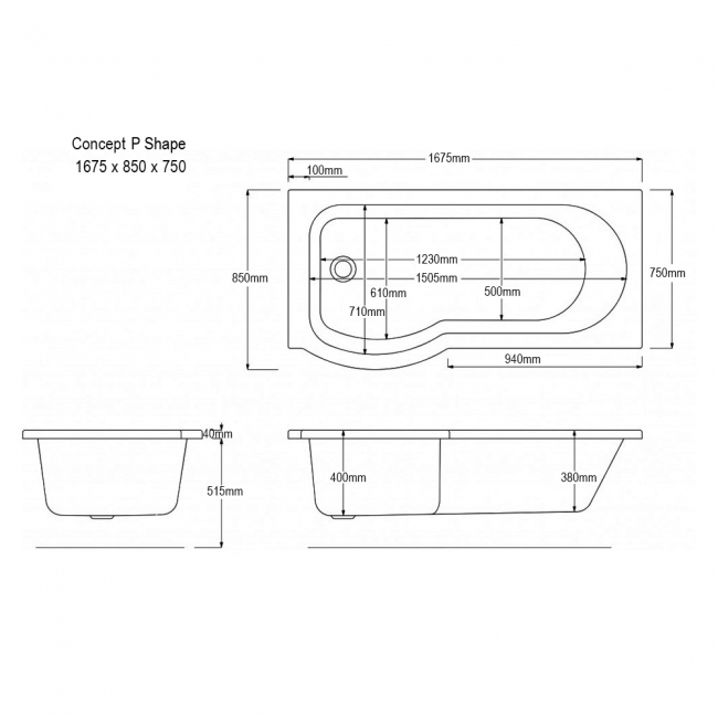 Trojan Concert P-Shaped Shower Bath with Front Panel and Screen 1675mm x 850mm Left Handed