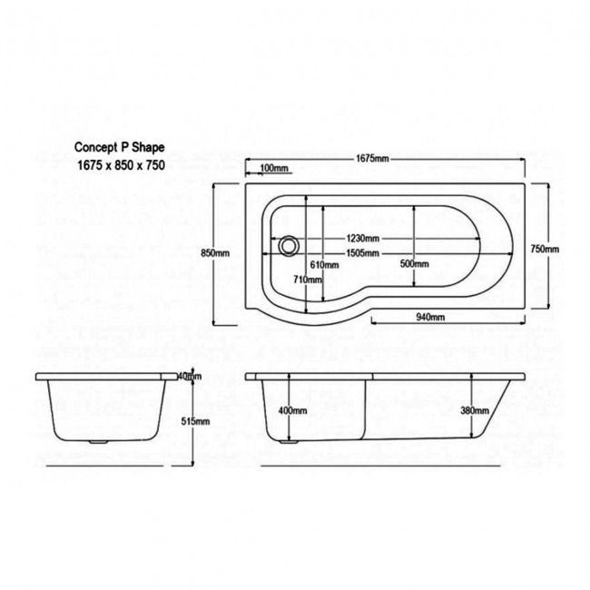 Trojan Concert P-Shaped Bath Front Panel 515mm H x 1675mm W - White