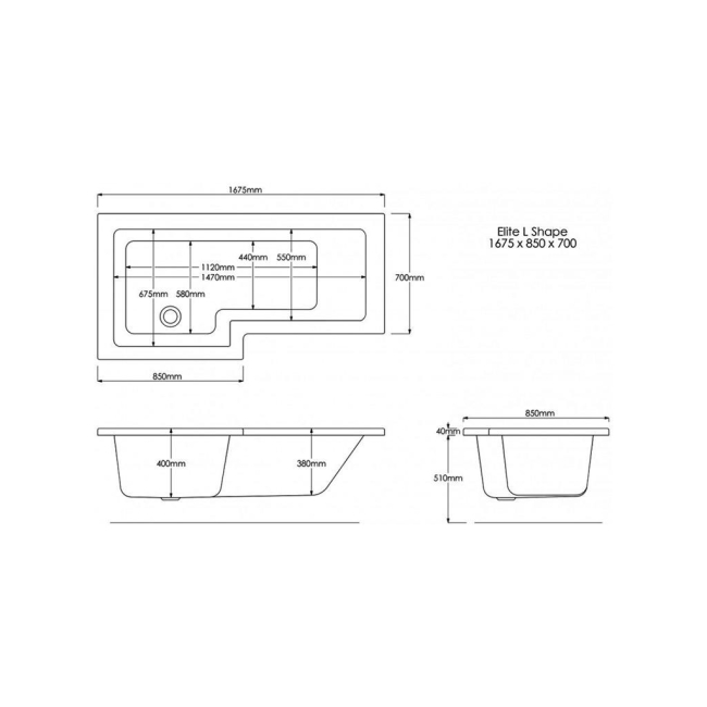 Trojan Elite L-Shaped Shower Bath 1675mm x 700mm/850mm Left Handed - No Tap Hole  | Dimension Image