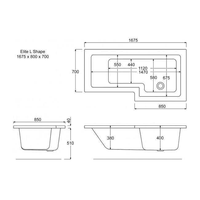 Trojan Elite L-Shaped Shower Bath 1675mm x 700mm/850mm Right Handed - No Tap Hole  | Dimension Image