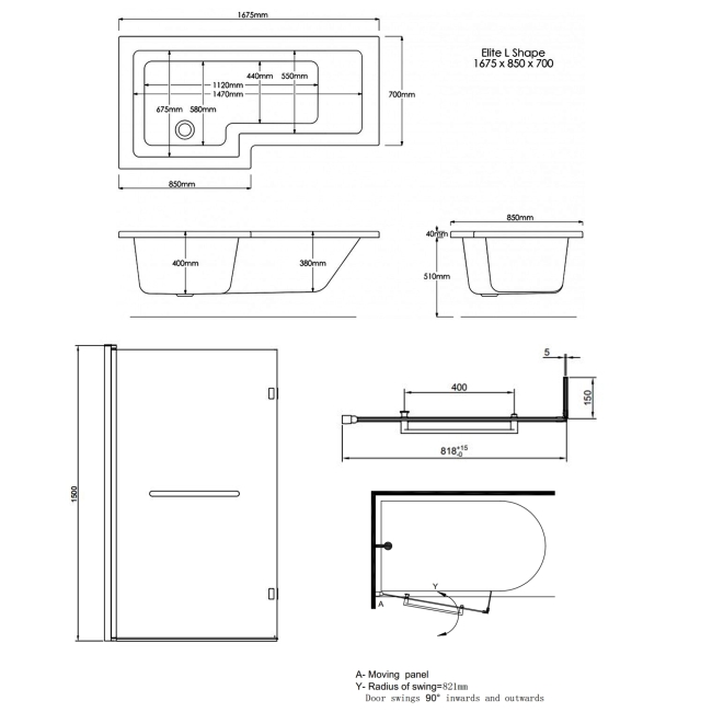 Trojan Elite L-Shaped Shower Bath with Front Panel and Screen 1675mm x 850mm Left Handed  | Dimension Image
