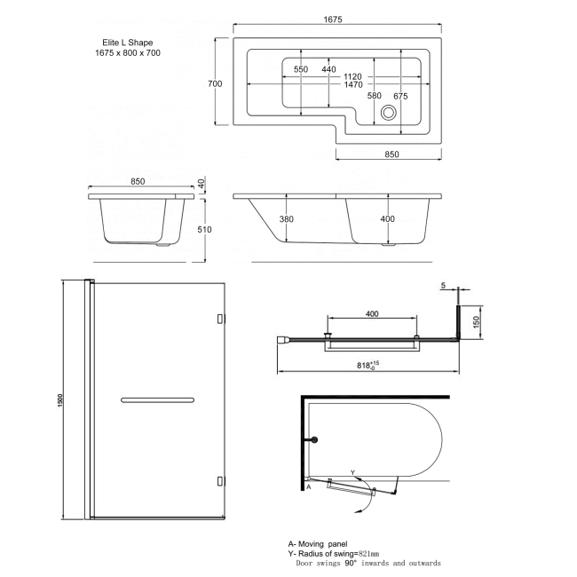 Trojan Elite L-Shaped Shower Bath with Front Panel and Screen 1675mm x 850mm Right Handed  | Dimension Image