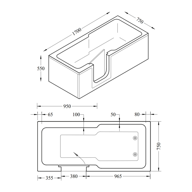 Trojan Evolve Rectangular Single Ended Easy Access Bath and Bath Panels 1700mm x 750mm - Left Handed  | Dimension Image