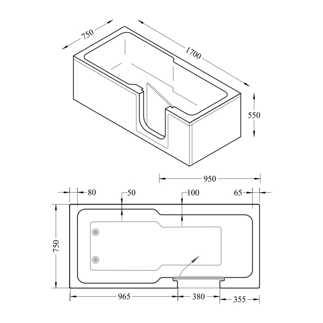 Trojan Evolve Rectangular Single Ended Easy Access Bath and Bath Panels 1700mm x 750mm - Right Handed  | Dimension Image
