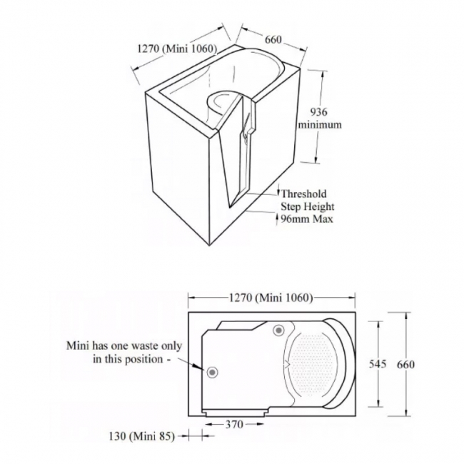 Trojan Freedom Rectangular Single Ended Bath with Bath Panels 1270mm x 660mm - Left Handed  | Dimension Image