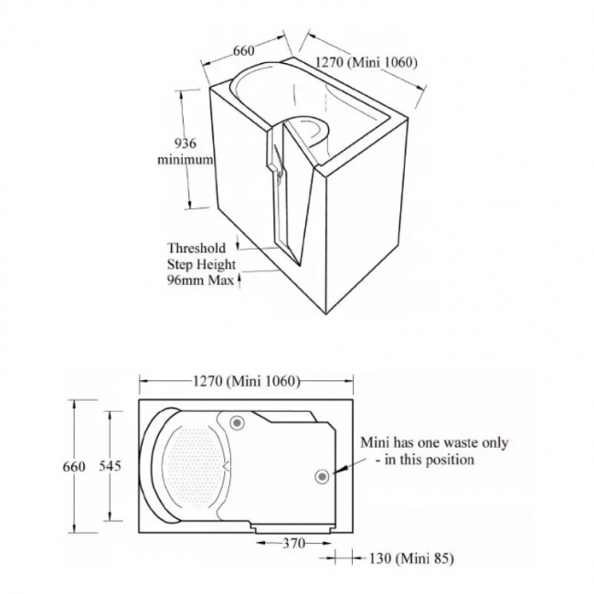 Trojan Freedom Rectangular Single Ended Bath with Bath Panels 1270mm x 660mm - Right Handed  | Dimension Image