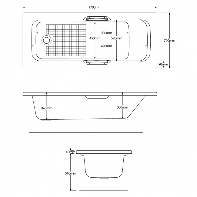 Trojan Granada II Rectangular Single Ended Bath with Twin Grips 1700mm x 700mm - 0 Tap Hole (inc Leg Set) 5mm