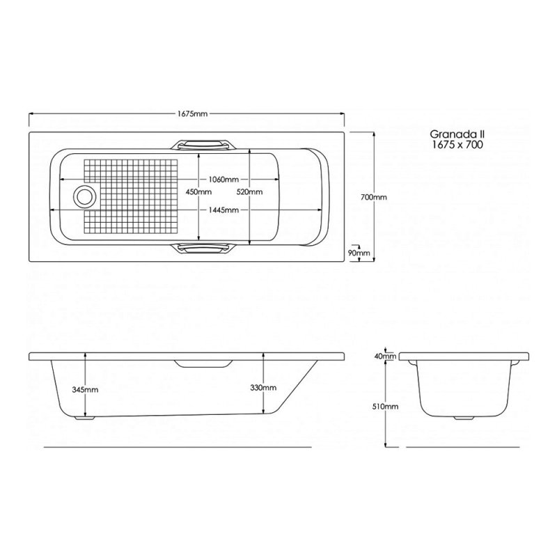 Trojan Granada II Rectangular Single Ended Anti-Slip Bath with Twin Grips 1675mm x 700mm - 0 Tap Hole (inc Leg Set) 5mm