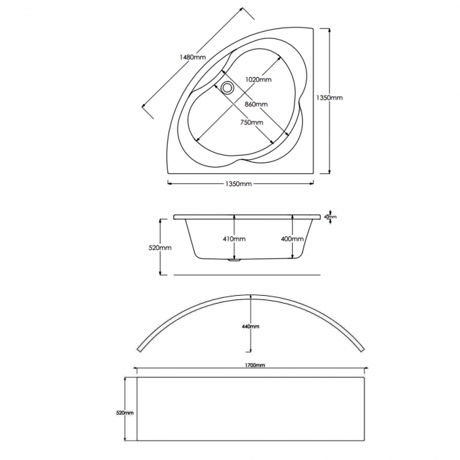 Trojan Laguna Double Ended Corner Bath 1350mm x 1350mm (inc Panel)