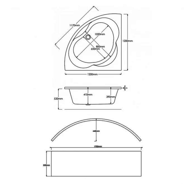 Trojan Laguna Corner Bath Panel 520mm H x 1700mm W (3mm Acrylic)  | Dimension Image