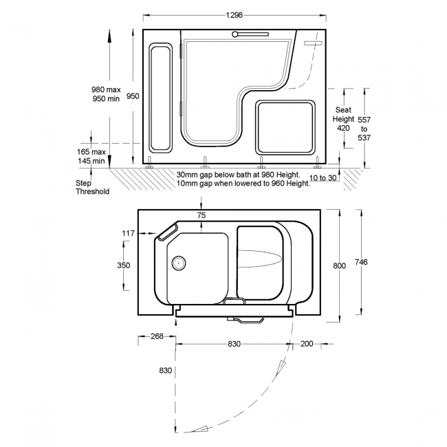 Trojan Serenity Rectangular Single Ended Bath with Bath Panels 1300mm x 750mm - Left Handed  | Dimension Image