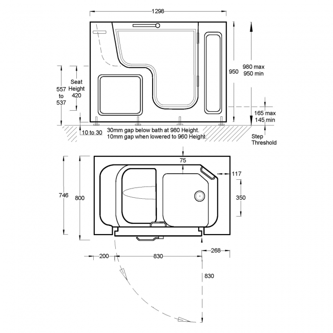 Trojan Serenity Rectangular Single Ended Bath with Bath Panels 1300mm x 750mm - Right Handed  | Dimension Image