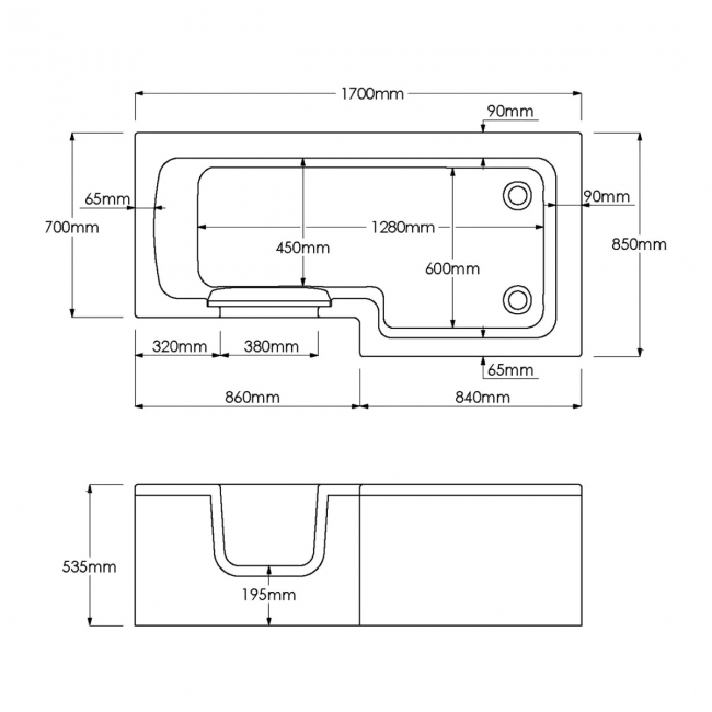 Trojan Solarna L-Shaped Easy Access Bath with Bath Panels and Screen 1700mm x 700mm/850mm - Left Handed  | Dimension Image