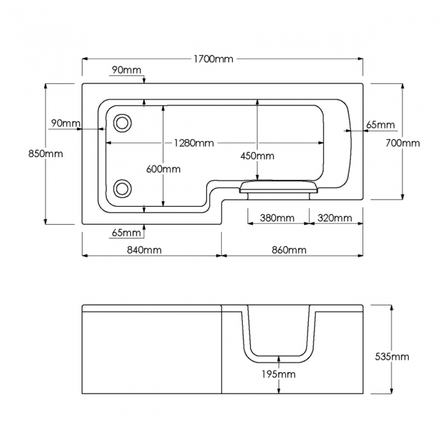 Trojan Solarna L-Shaped Easy Access Bath with Bath Panels and Screen 1700mm x 700mm/850mm - Right Handed  | Dimension Image
