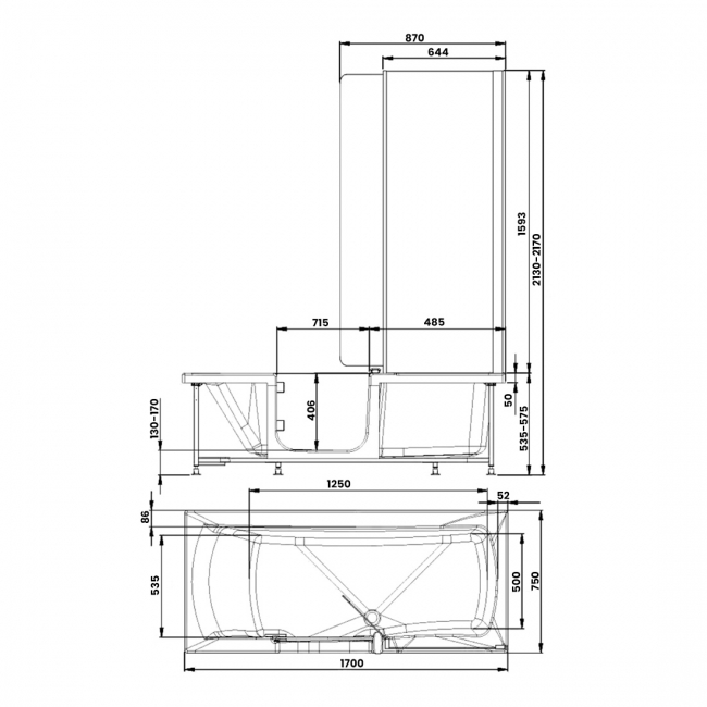 Trojan Style Rectangular Single Ended Easy Access Bath with Screen, Bath Panels and Seat 1700mm x 750mm - Left Handed  | Dimension Image