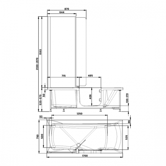 Trojan Style Rectangular Single Ended Easy Access Bath with Screen, Bath Panels and Seat 1700mm x 750mm - Right Handed  | Dimension Image