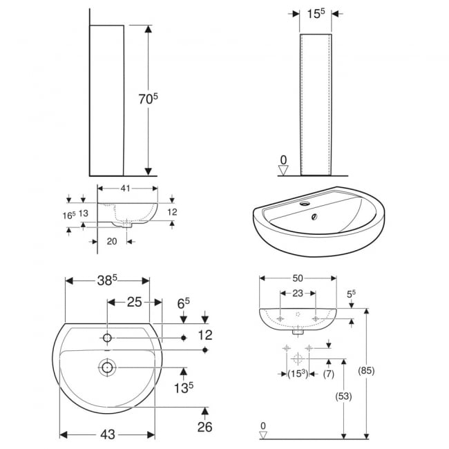 Twyford Alcona Basin & Full Pedestal 500mm Wide 1 Tap Hole