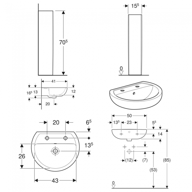 Twyford Alcona Basin & Full Pedestal 500mm Wide 2 Tap Hole