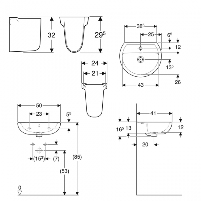 Twyford Alcona Basin & Semi Pedestal 500mm Wide 2 Tap Hole