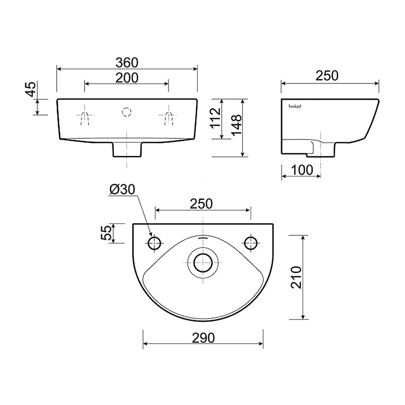 Twyford Alcona Handrinse Wall Hung Basin 360mm Wide - 2 Tap Hole