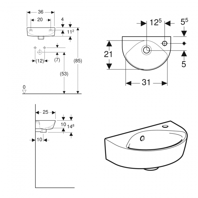 Twyford Alcona Handrinse Wall Hung Basin 360mm Wide Right Handed - 1 Tap Hole
