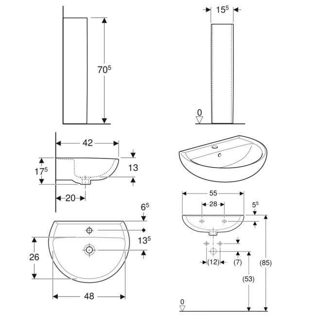 Twyford Alcona Basin & Full Pedestal 550mm Wide 1 Tap Hole
