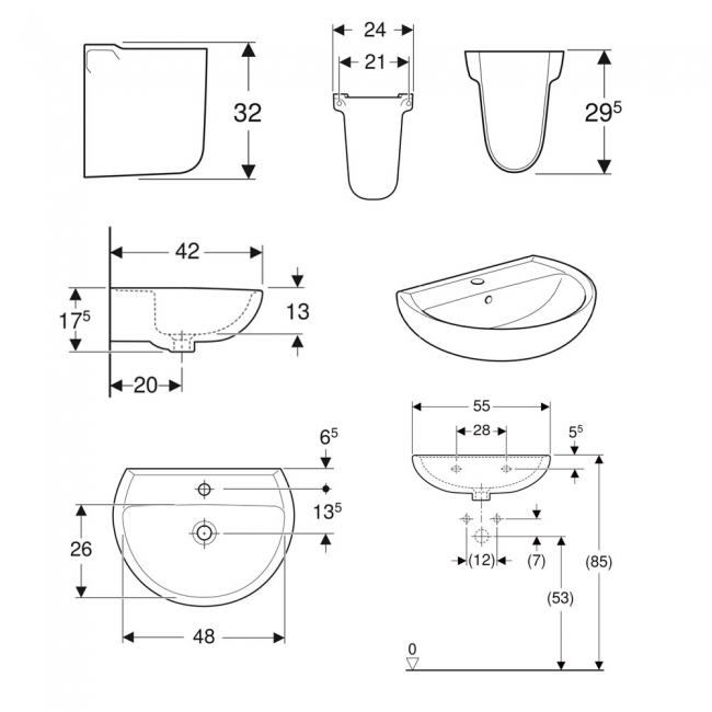 Twyford Alcona Basin & Semi Pedestal 550mm Wide 1 Tap Hole
