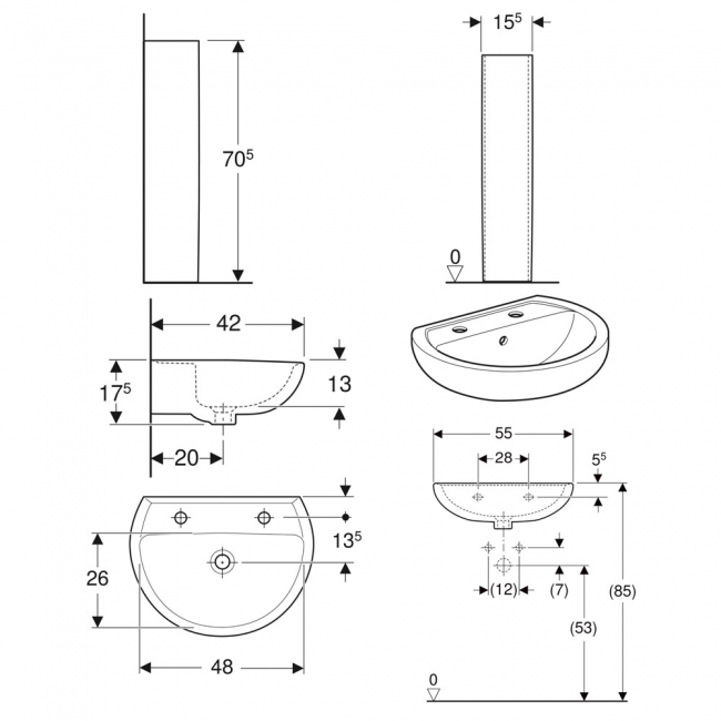Twyford Alcona Basin & Full Pedestal 550mm Wide 2 Tap Hole
