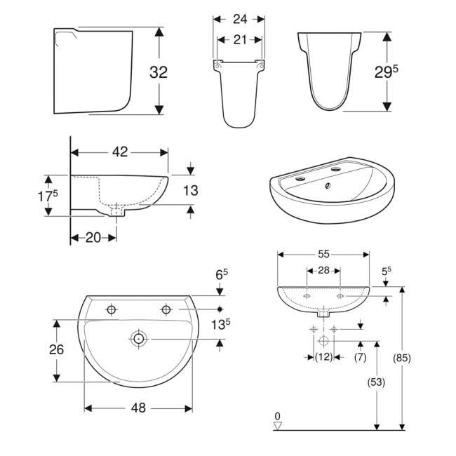 Twyford Alcona Basin & Semi Pedestal 550mm Wide 2 Tap Hole