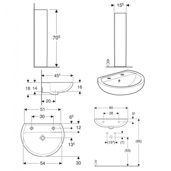 Twyford Alcona Basin & Full Pedestal 600mm Wide 2 Tap Hole