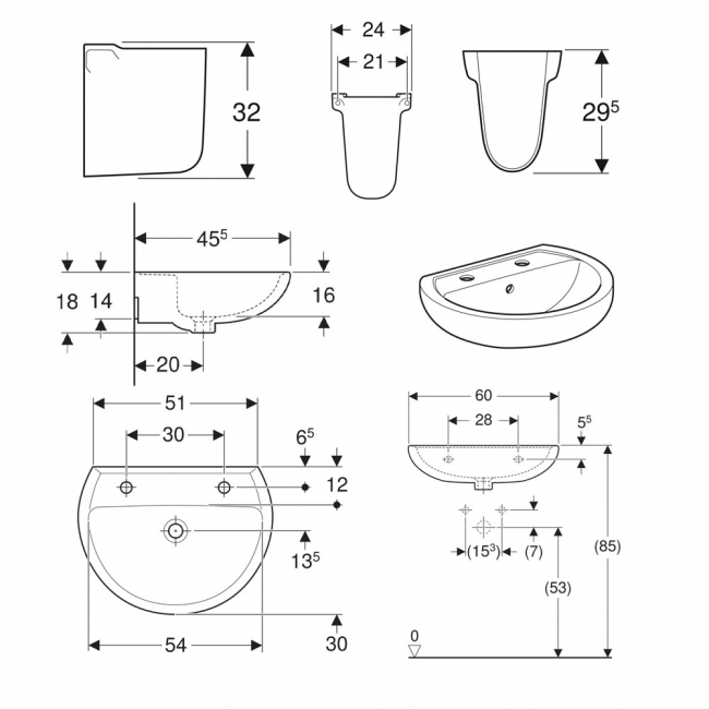 Twyford Alcona Basin & Semi Pedestal 600mm Wide 2 Tap Hole