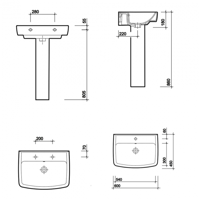 Twyford Alcona Basin and Full Pedestal 600mm Wide - 2 Tap Hole