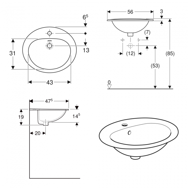 Twyford Alcona Inset Countertop Basin 560mm Wide - 1 Tap Hole