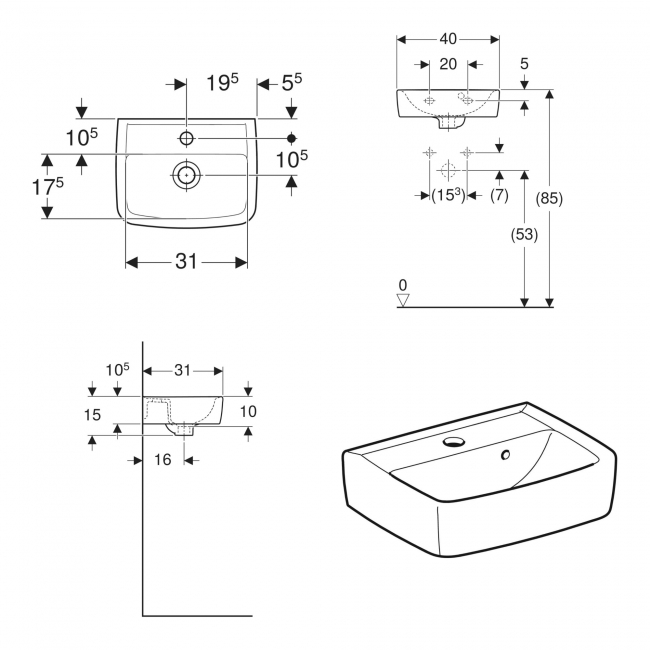 Twyford Alcona Square Wall Hung Handrinse Basin 400mm Wide - 1 Tap Hole