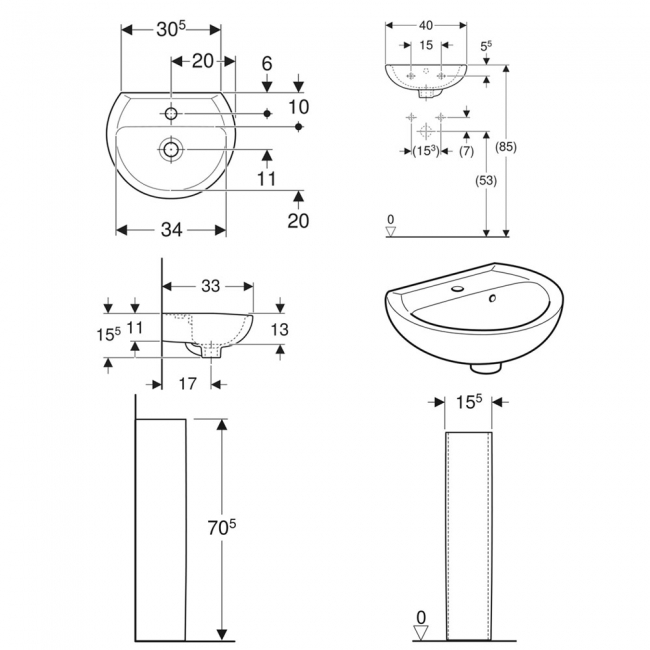 Twyford Alcona Handrinse Basin & Full Pedestal 400mm Wide 1 Tap Hole
