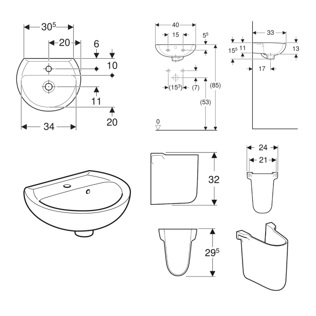 Twyford Alcona Handrinse Basin & Semi Pedestal 400mm Wide 1 Tap Hole  | Dimension Image