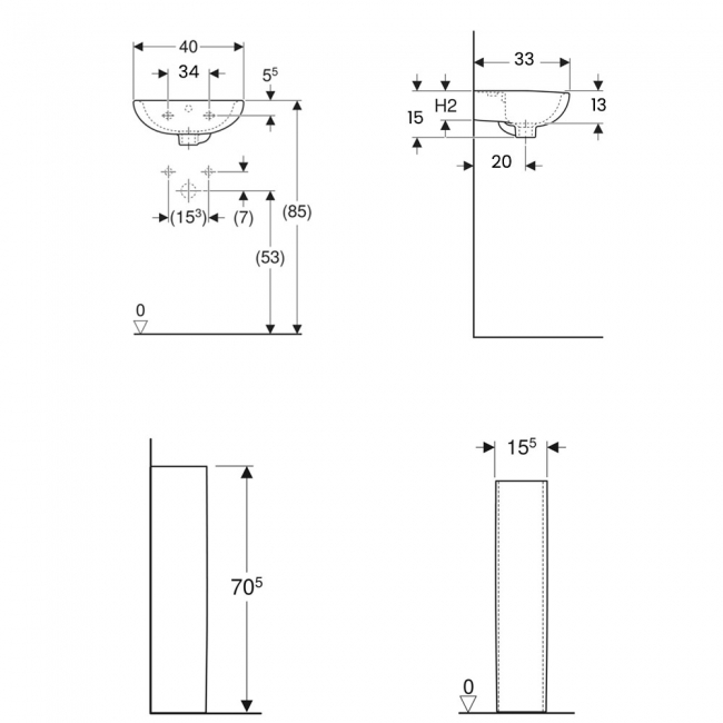 Twyford Alcona Handrinse Basin & Full Pedestal 400mm Wide 2 Tap Hole