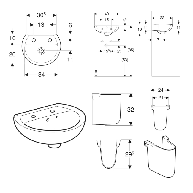 Twyford Alcona Handrinse Basin & Semi Pedestal 400mm Wide 2 Tap Hole  | Dimension Image