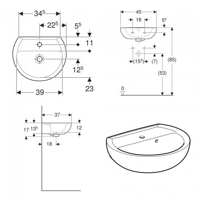 Twyford Alcona Handrinse Wall Hung Basin 450mm Wide - 1 Tap Hole
