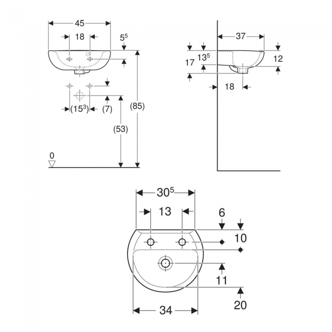 Twyford Alcona Handrinse Wall Hung Basin 450mm Wide - 2 Tap Hole