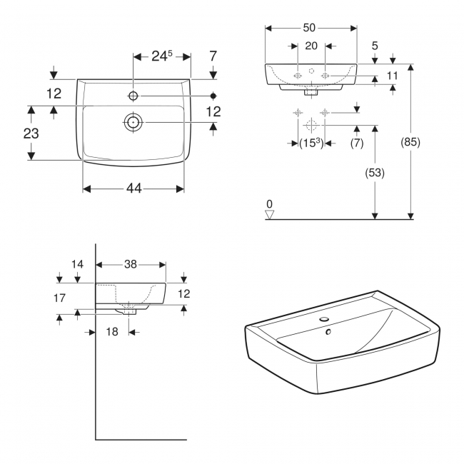 Twyford Alcona Square Wall Hung Handrinse Basin 500mm Wide - 1 Tap Hole