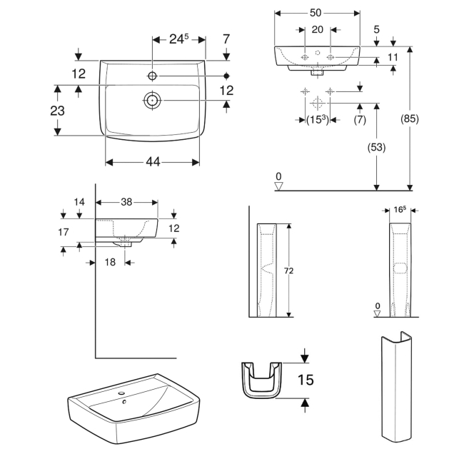 Twyford Alcona Handrinse Basin & Square Full Pedestal 500mm Wide 1 Tap Hole  | Dimension Image